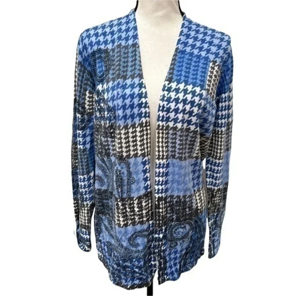 Talbots Blue & White Houndstooth Cardigan Sweater Sz S 100% Merino Wool